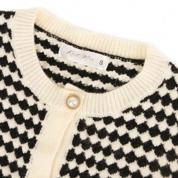Knit Mix Elegant Knit French Cardigan, Plaid Pattern Pearl Button Front Sweater - Picture 8 of 11